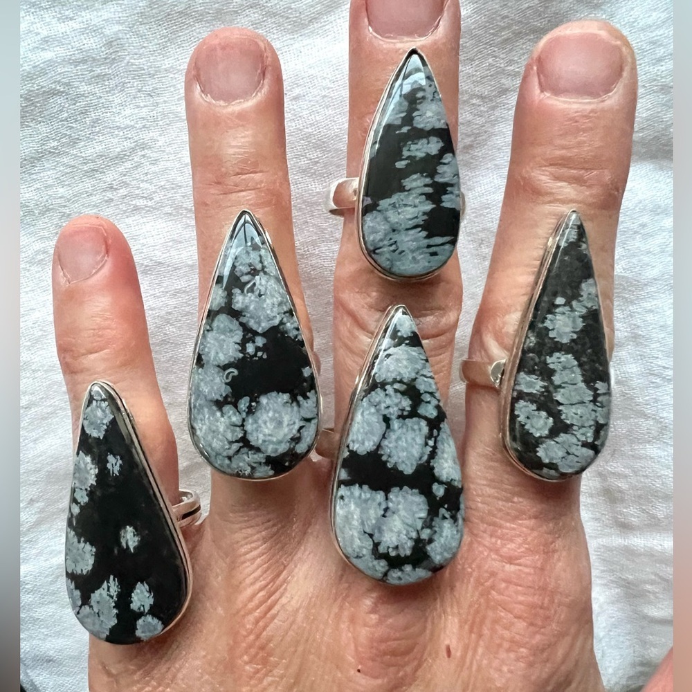 925 Snowflake Obsidian Stunning Teardrop Ring! 9 or 9.5